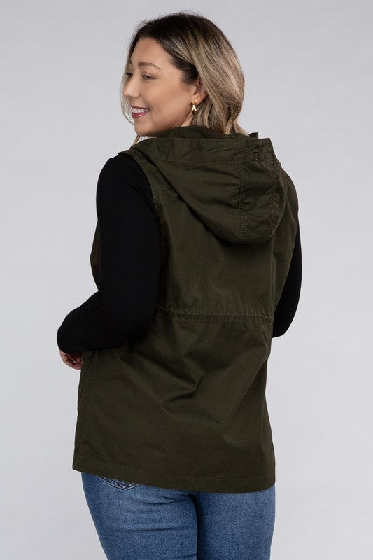 Plus Drawstring Waist Military Hoodie Vest - Tigbul's Variety Fashion Shop