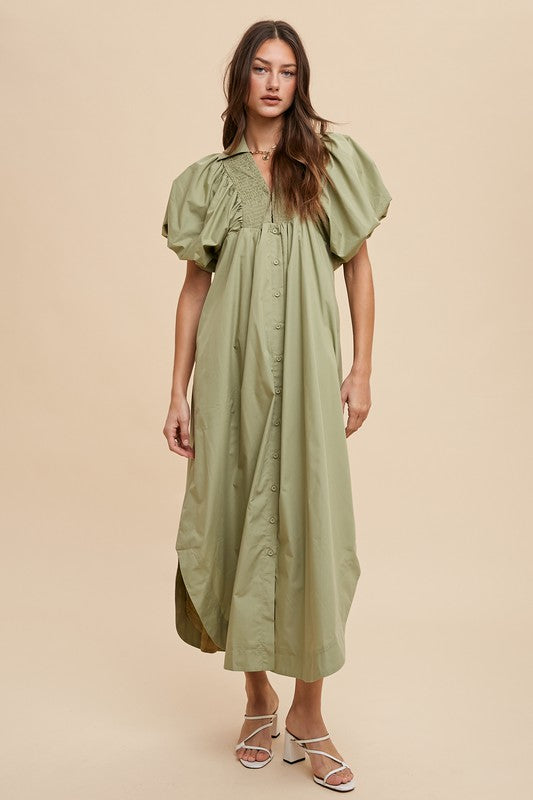 Annie Wear Smocked Puff Sleeve Midi Dress - Tigbul's Variety Fashion Shop