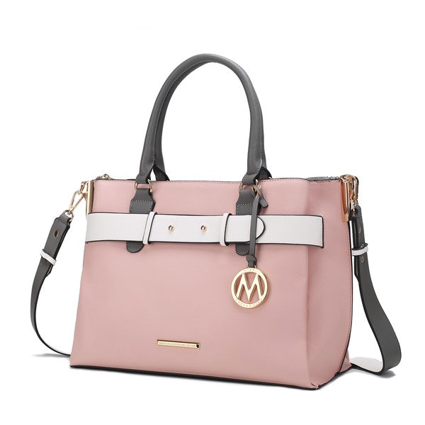 Jamie satchel in blush pink with white front strap and M-logo charm, crossbody strap