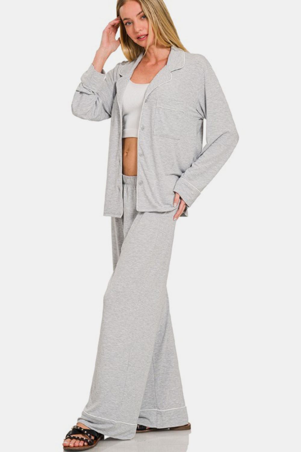 Zenana Button Down Long Sleeve Top and Pants Lounge Set - Tigbul's Variety Fashion Shop