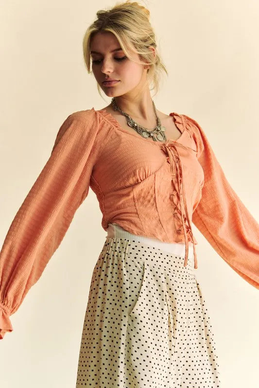 Peach Color Strap Front Corset Look Long Puff Sleeve Blouse - Tigbul's Variety Fashion Shop