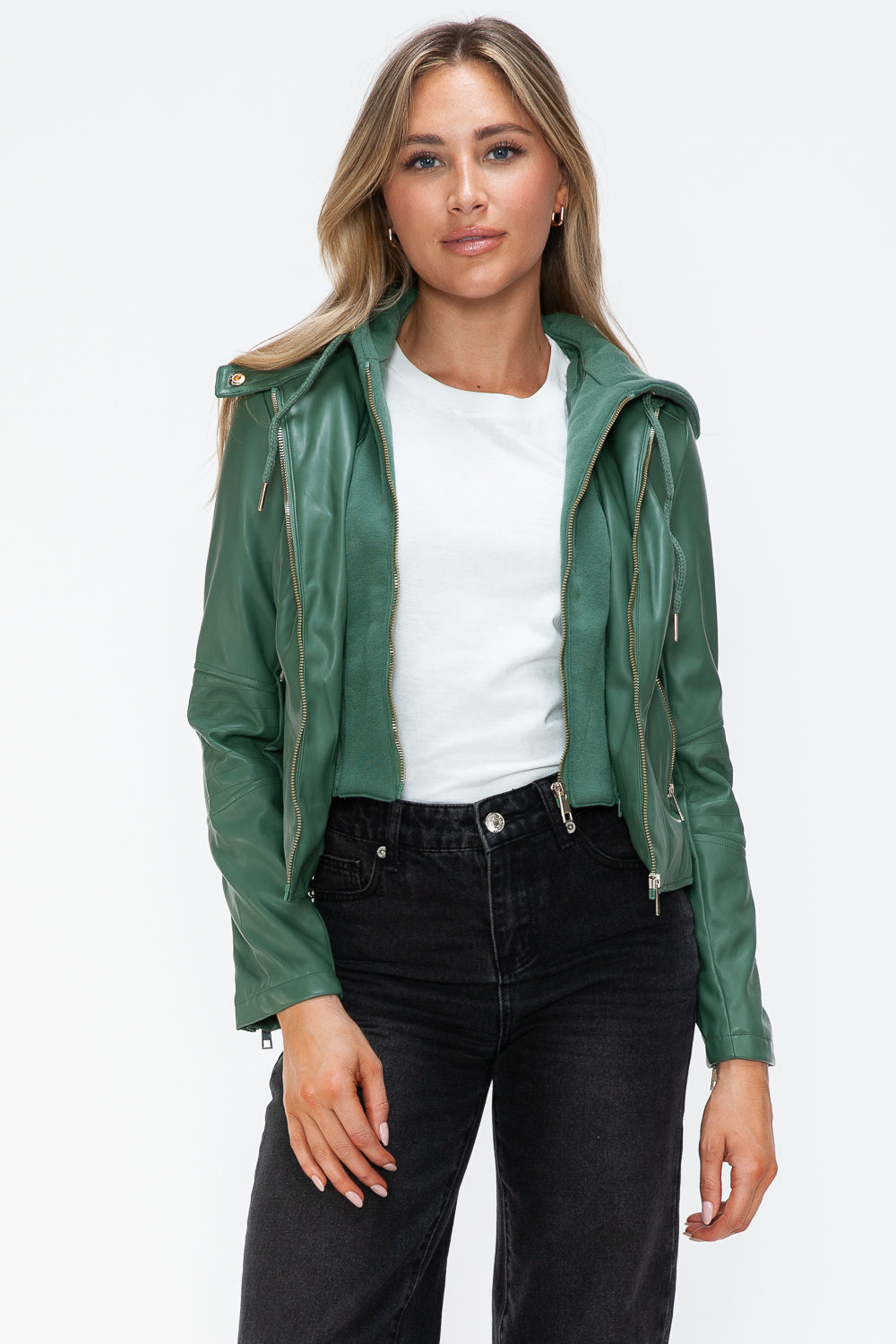 Faux Leather Zip Up Drawstring Hooded Jacket in Sage Green