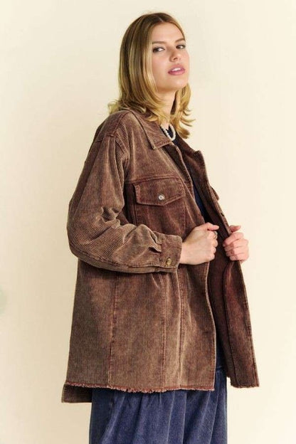 Dark Brown Washed Look Corduroy Raw Hem Button Up Jacket - Tigbul's Variety Fashion Shop