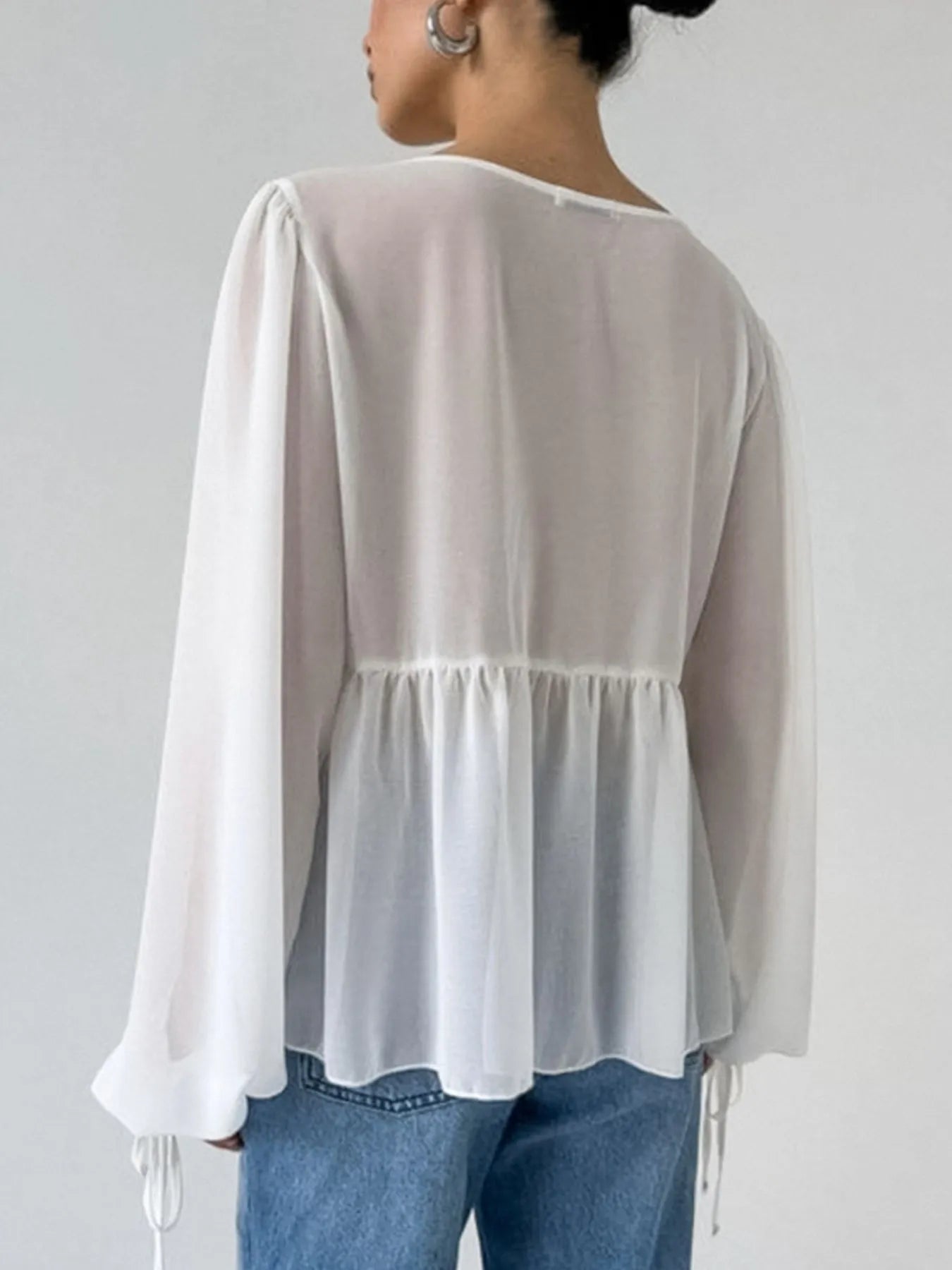 Ruffled Tie Front Long Sleeve Blouse - Tigbul's Variety Fashion Shop