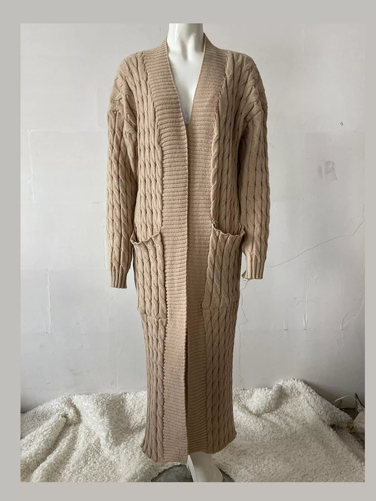 Elegant Cable-Knit Longline Open-Front Cardigan | Tigbuls Variety