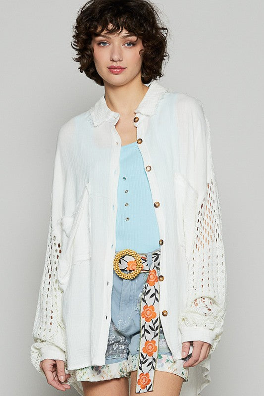 POL Openwork Lantern Sleeve Button Down Gauze Shirt - Tigbul's Variety Fashion Shop