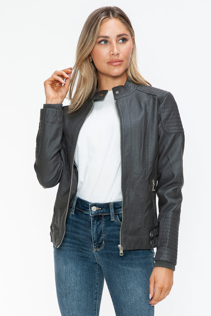 Charcoal Faux Leather Biker Jacket with Side Zip Pockets