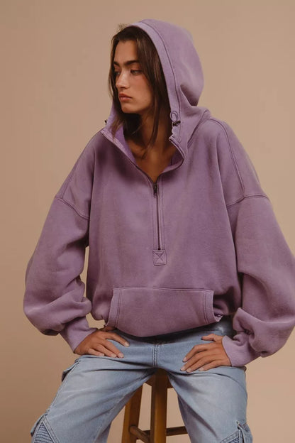 BiBi Stitch Detailed Elastic Hem Half Zip Fleece Hoodie - Tigbul's Variety Fashion Shop