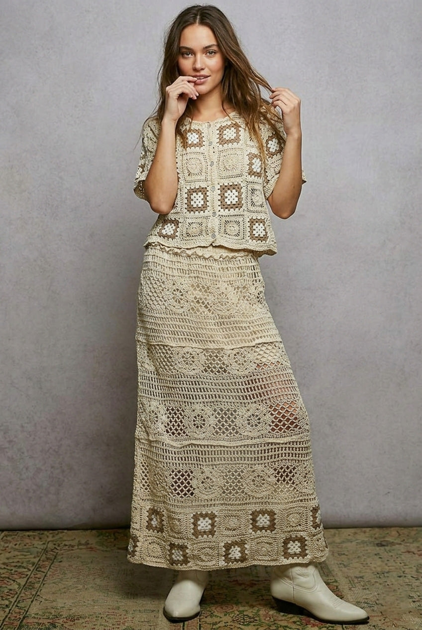 POL Floral Crochet Ruffled Waistband Maxi Skirt with Granny Square Weave | Tigbuls