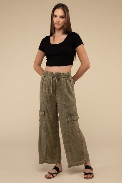 Washed Linen Elastic Band Waist Cargo Pants - Tigbul's Variety Fashion Shop