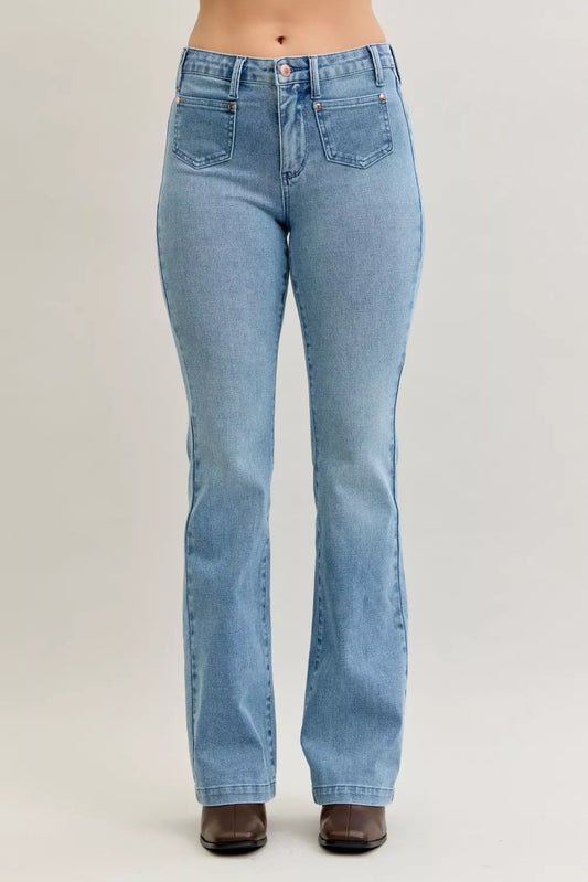 Judy Blue Full Size Mid Rise Bootcut Jeans with Contrast Wash & Front Patch Pockets Plus Size - Tigbul's Variety Fashion Shop