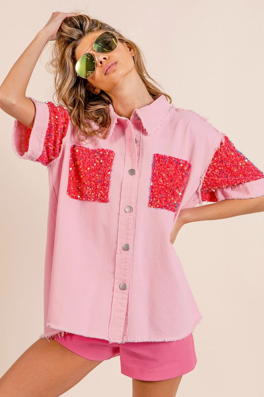 BiBi Sequin Detail Raw Hem Short Sleeve Shirt - Tigbuls Variety Fashion