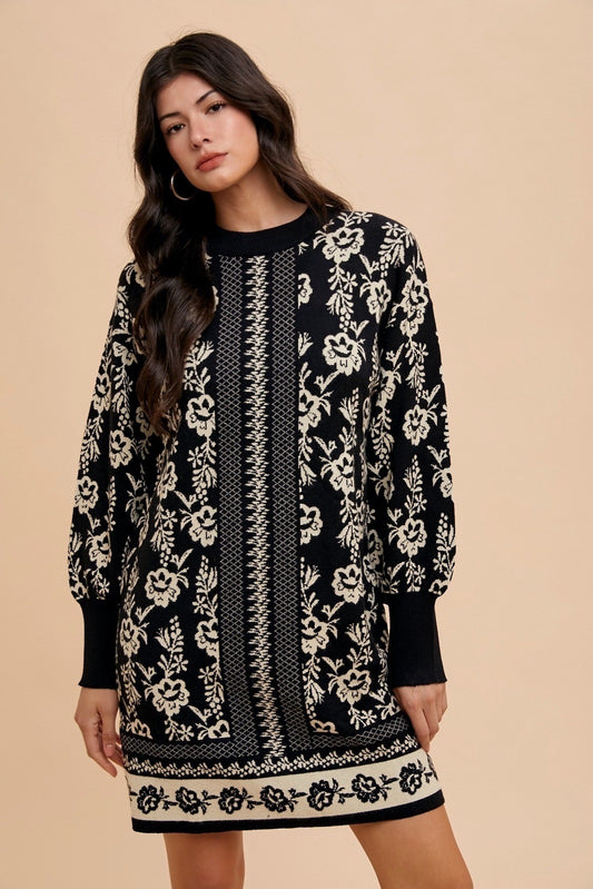 Floral Jacquard Round Neck Sweater Dress - Tigbul's Variety Fashion Shop