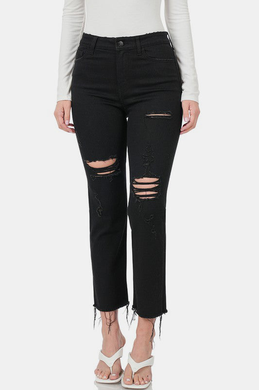 Black Distressed Raw Hem Cropped Jeans - Tigbul's Variety Fashion Shop