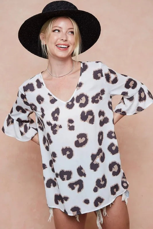 BiBi Leopard Printed V Neck Woven Top with Ruffled - Tigbul's Variety Fashion Shop