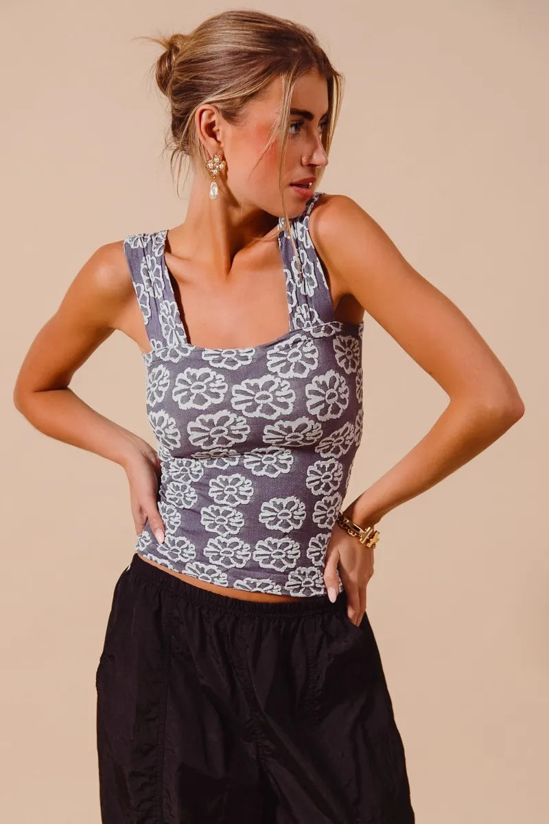Charcoal Blue Two Tone Floral Seamless Tank Top - Tigbul's Variety Fashion Shop