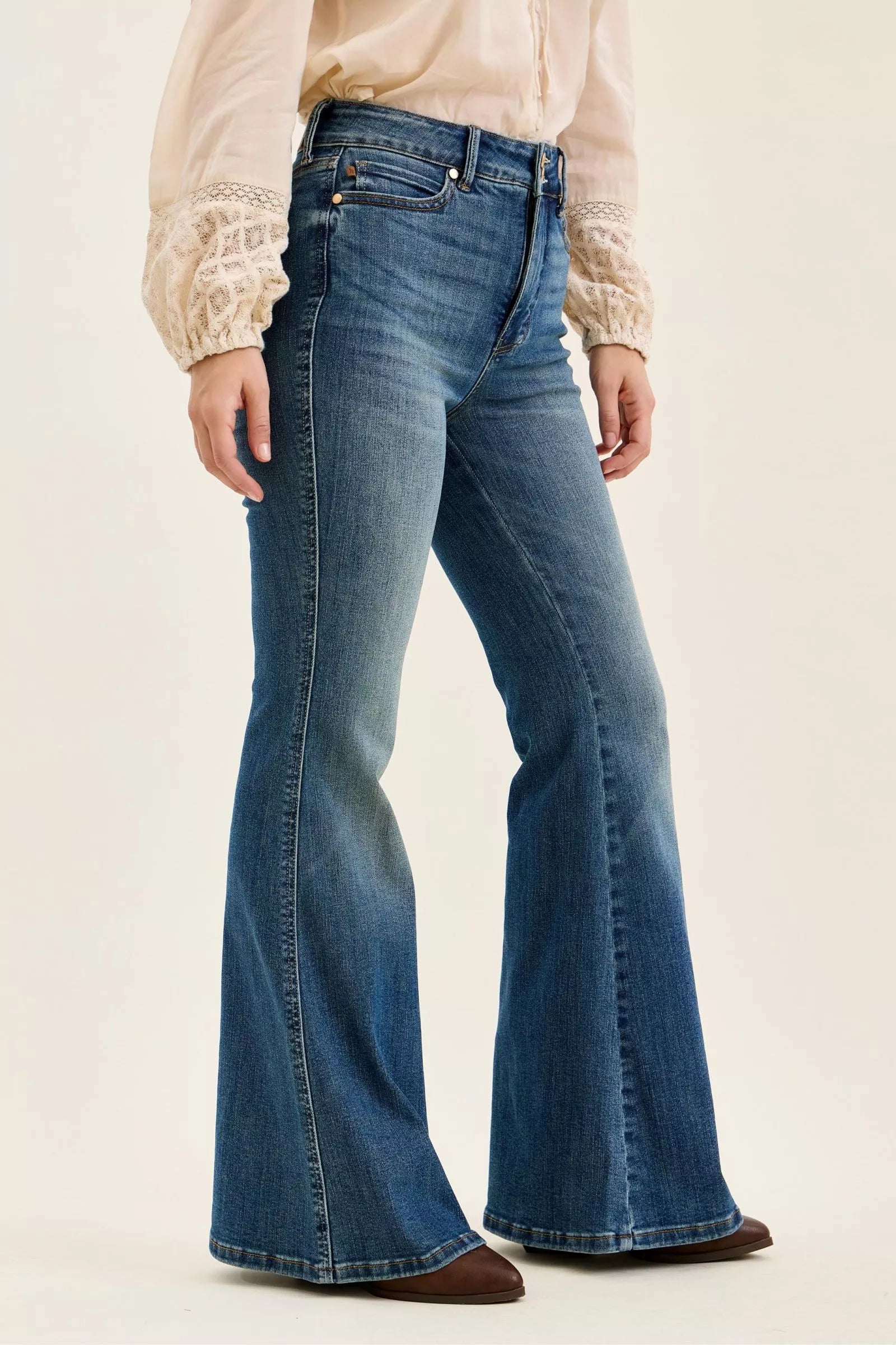 Judy Blue dark denim high-waist flare jeans with back yoke and belt loops
