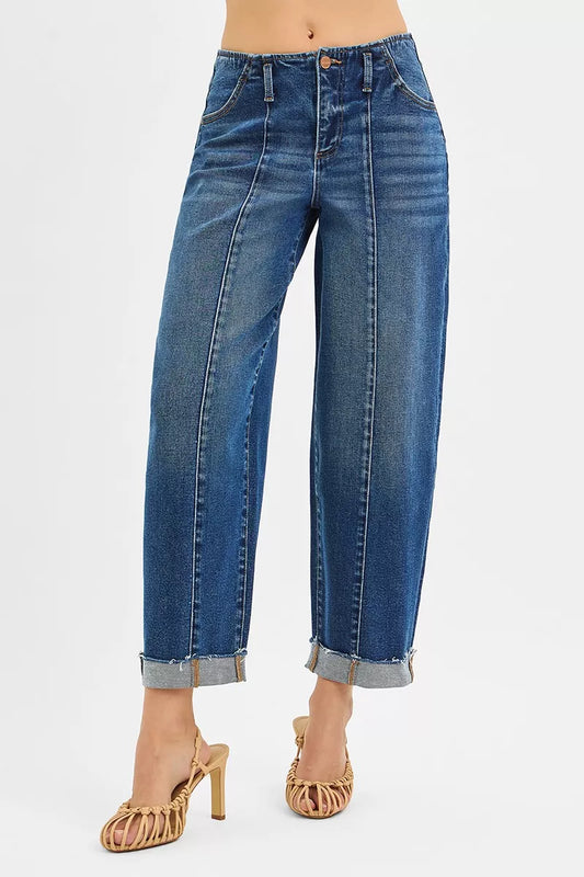 RISEN High Rise Fit Barrel Cuffed Jeans - Tigbul's Variety Fashion Shop