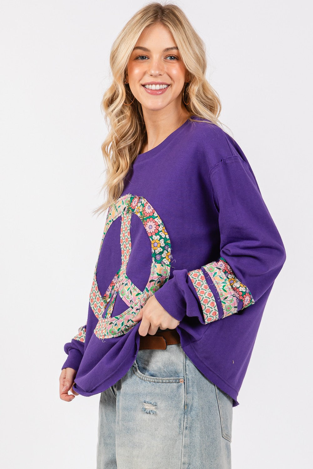 Peace Applique Patch Long Sleeve Top - Tigbul's Variety Fashion Shop