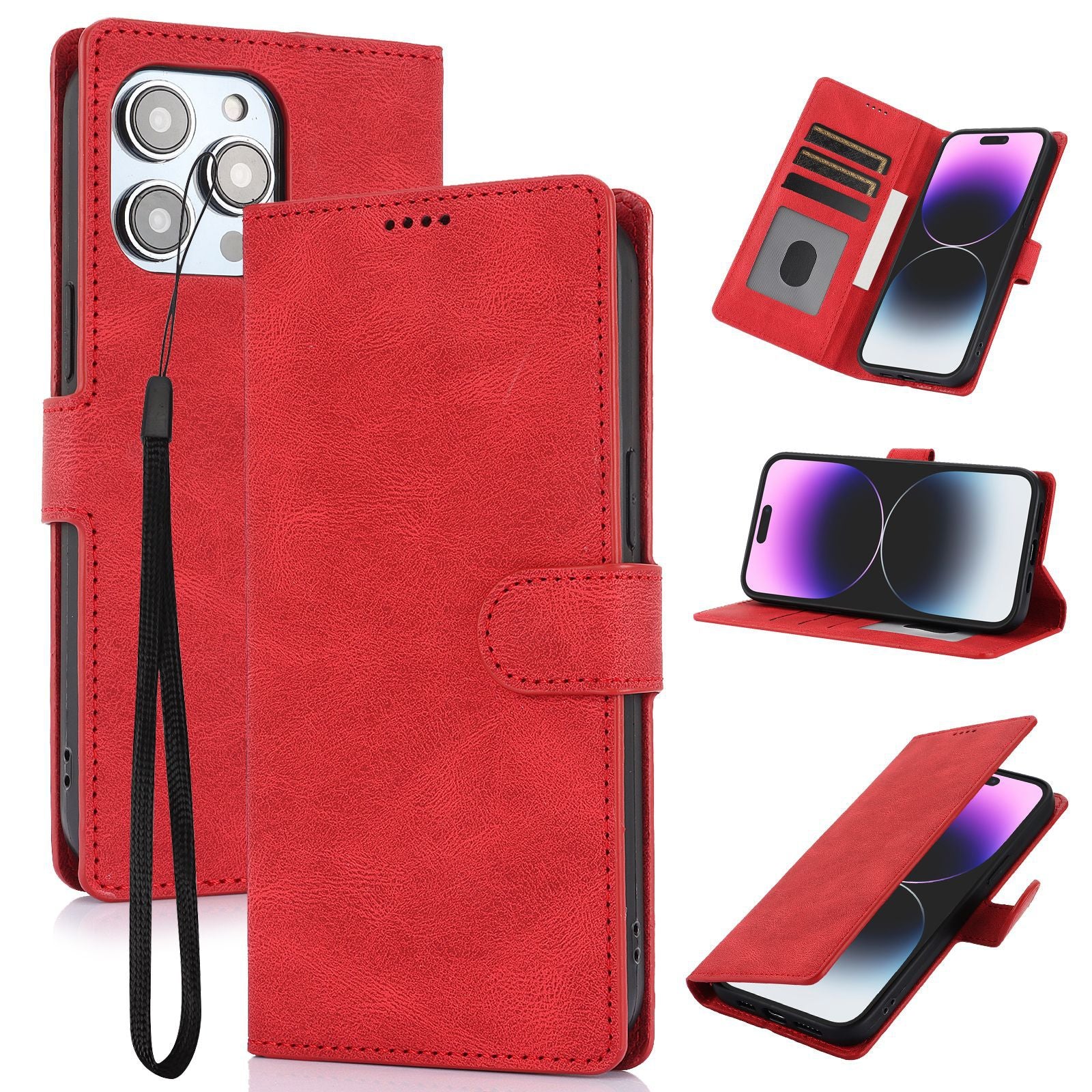 Rote Wallet-Handyhülle mit Klappdeckel, Kartenfach und Handgelenkriemen