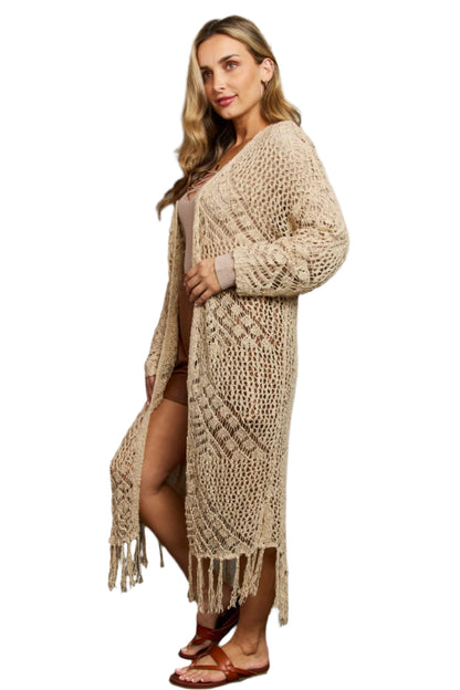 Tan Boho Plus Size 1XL Western Knit Fringe Cardigan | Tigbuls