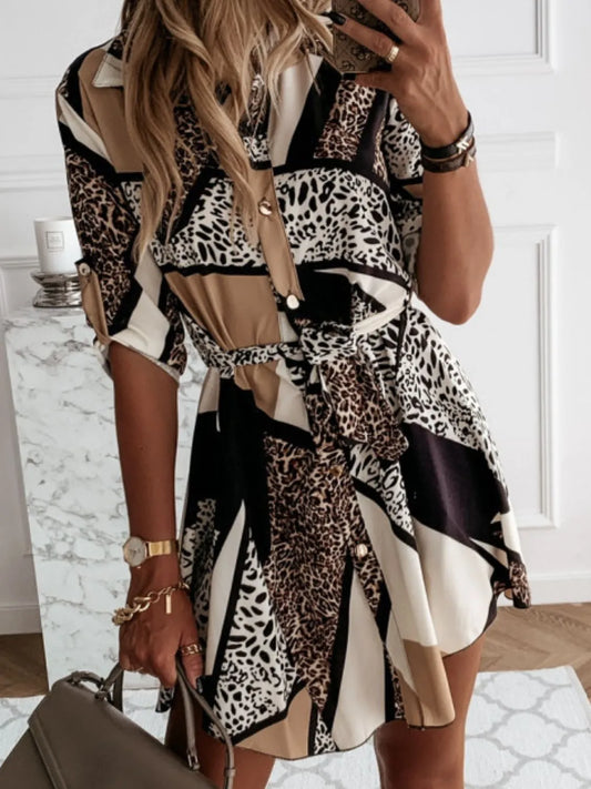 Printed Tie Waist Roll-Tab Sleeve Mini Dress - Tigbul's Variety Fashion Shop