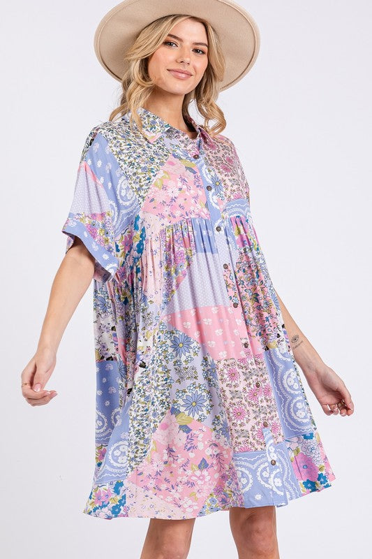 Pink Multi Floral Collared Neck Half Sleeve Mini Shirt Dress - Tigbul's Variety Fashion Shop