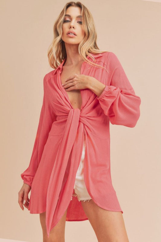 Pink Tied Collared Neck Long Sleeve Top - Tigbul's Variety Fashion Shop