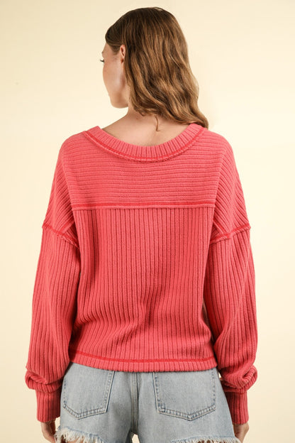 VERY J Exposed Seam V-Neck Ribbed Knit Top - Tigbul's Variety Fashion Shop