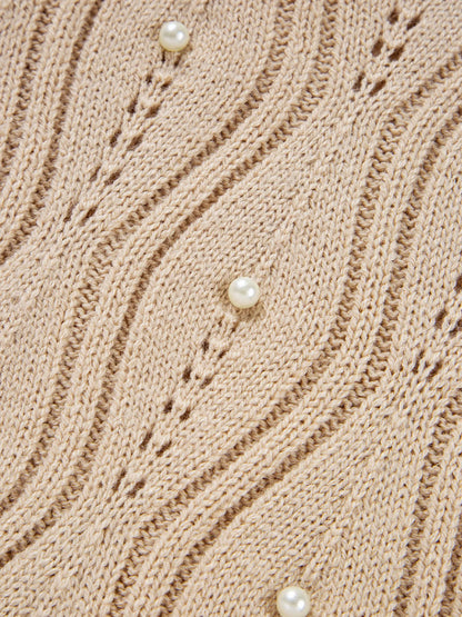 Pearl Beaded Pointelle Knit V Neck Lace Patchwork Sleeve Sweater - Tigbul's Variety Fashion Shop