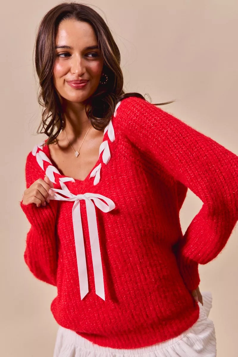 SO ME Satin Tape Braided Ribbon Tie V Neck Sweater - Tigbul's Variety Fashion Shop