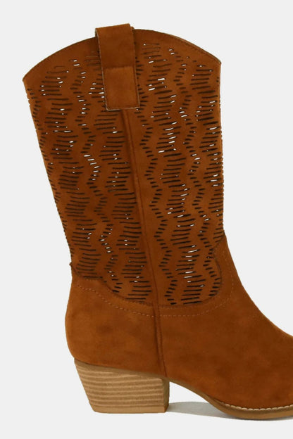 Brown Faux Suede Laser Cut Detail Block Heel Boots - Tigbul's Variety Fashion Shop