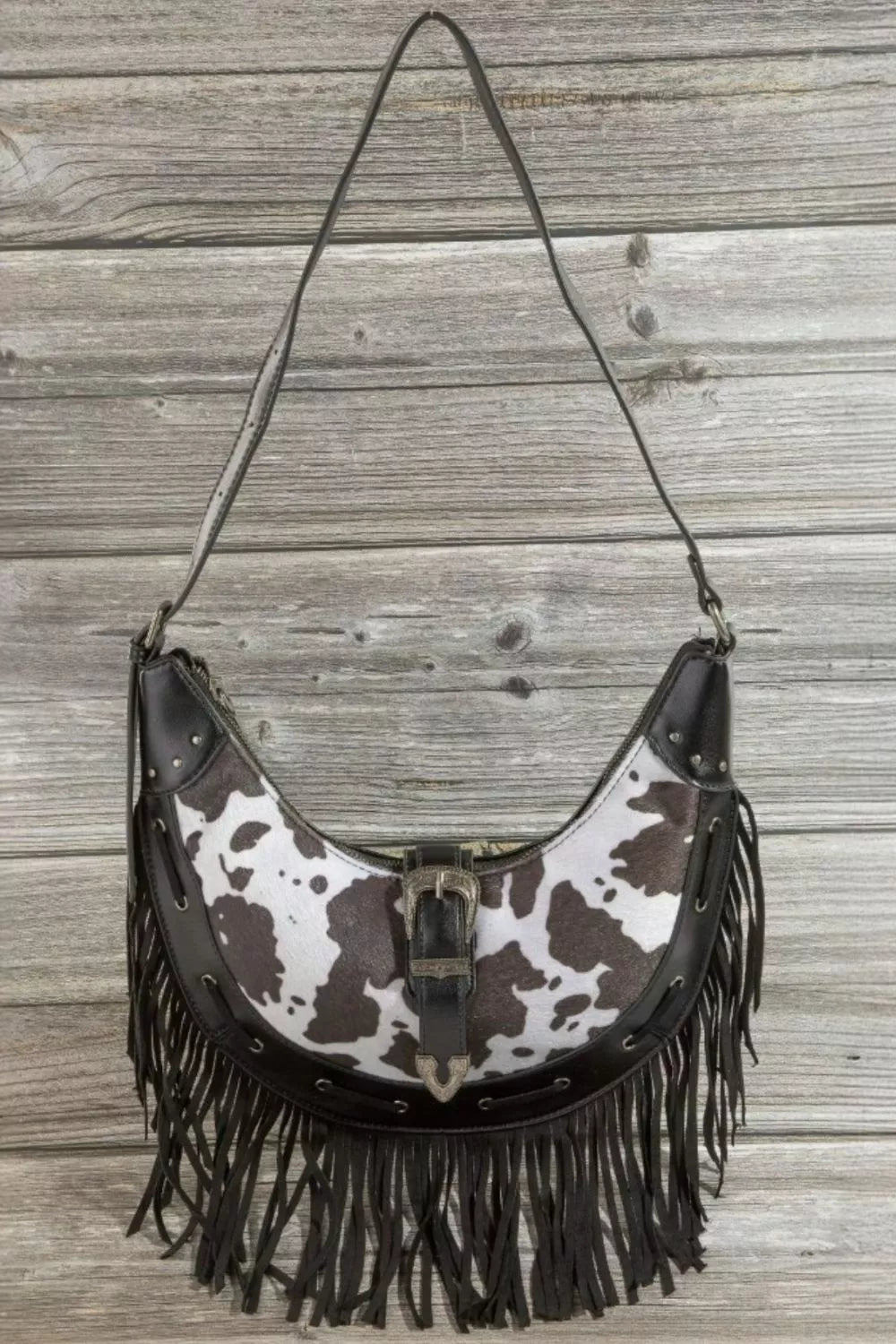 Cow Print Faux Leather Fringe Hobo Bag - Tigbul's Variety Fashion Shop