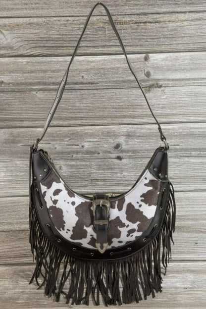 Cow Print Faux Leather Fringe Hobo Bag - Tigbul's Variety Fashion Shop