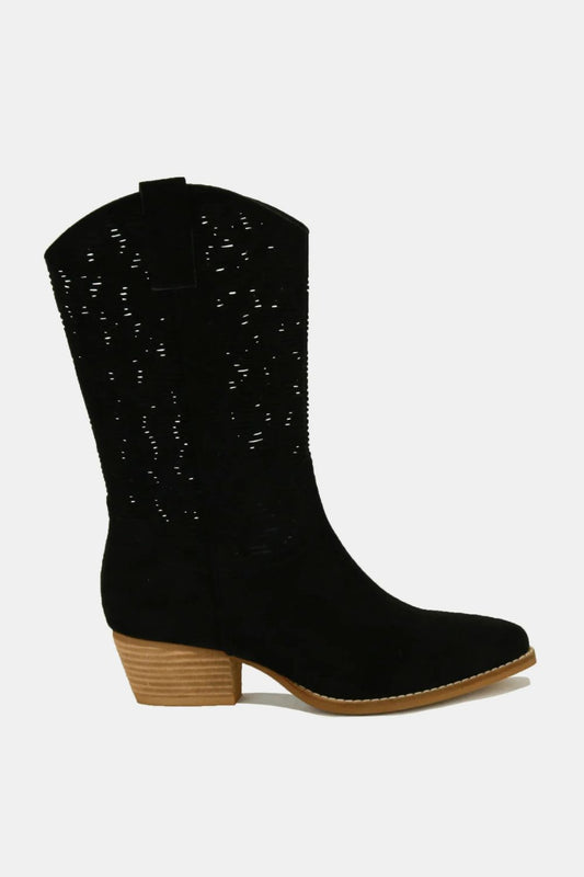 Black Faux Suede Laser Cut Detail Block Heel Boots - Tigbul's Variety Fashion Shop