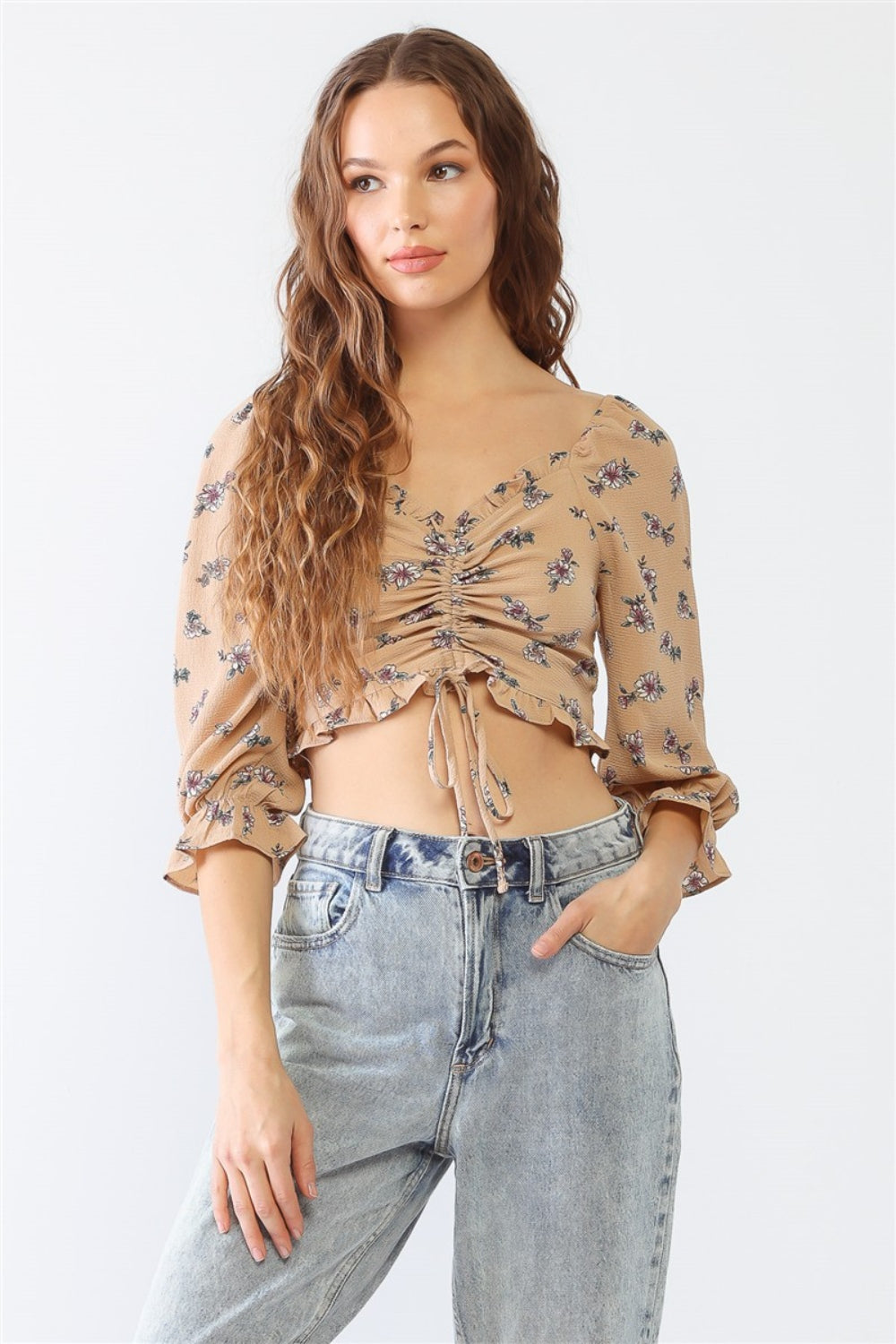 Tasha Apparel Floral Ruffle Smocked Back Ruched Crop Top - Tigbuls Variety Fashion