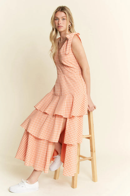 Orange Sleeveless Gingham Print Tiered Midi Dress - Tigbul's Variety Fashion Shop