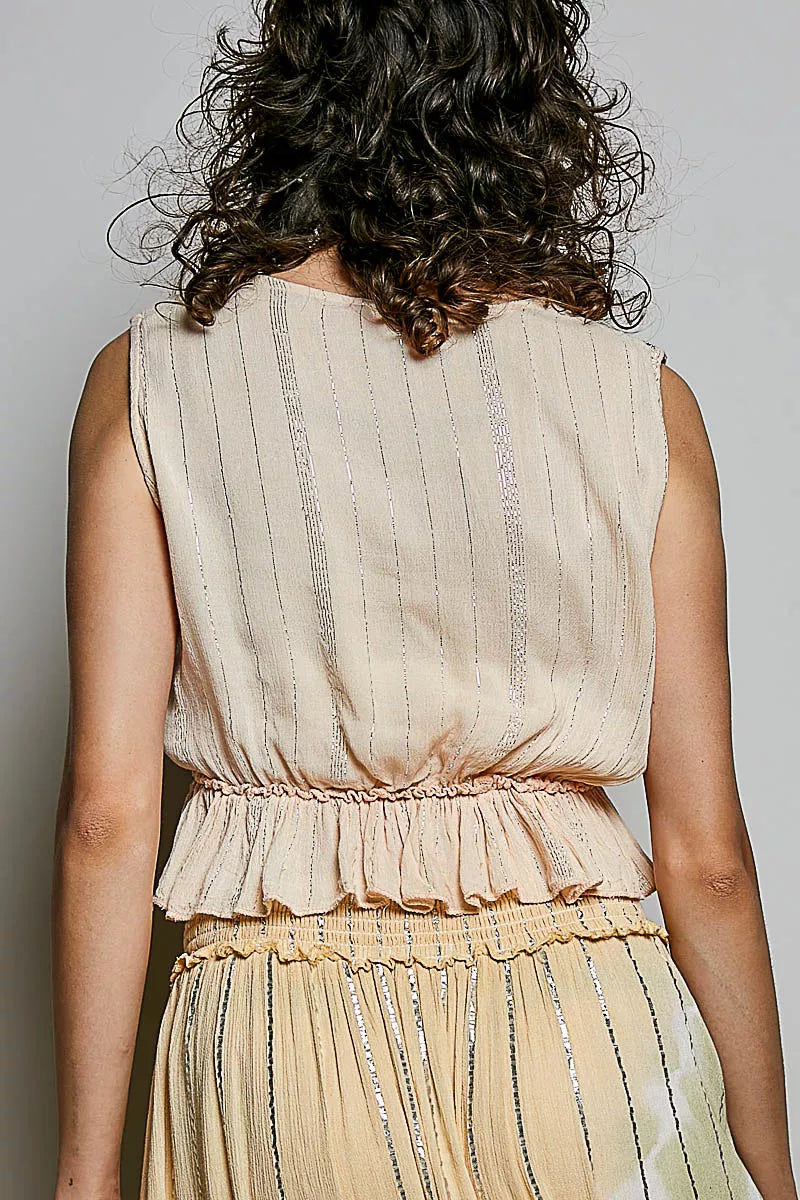 POL Shimmer Pattern Tie Front Tassel Ruffle Hem Sleeveless Crop Top | Tigbuls