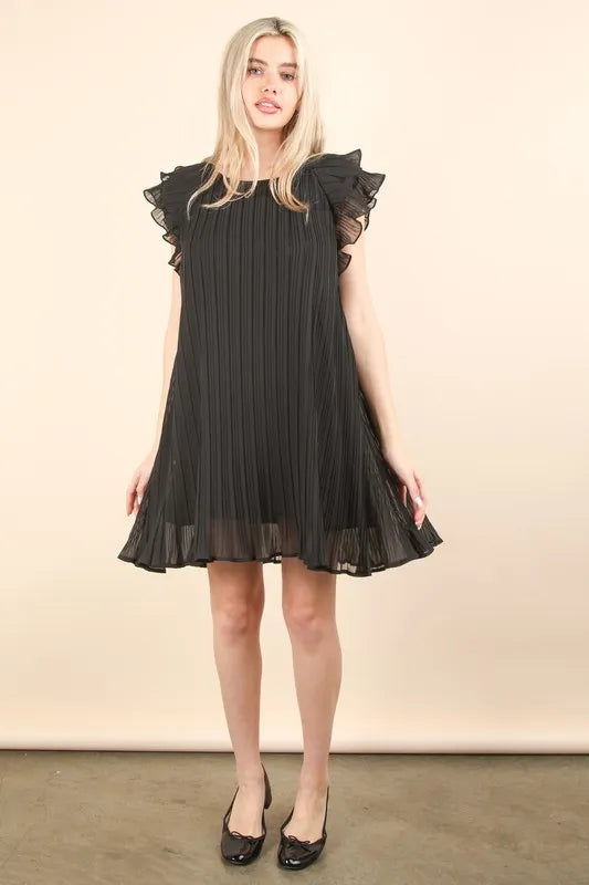 Black Plus Size Ruffle Sleeve Pleated Woven Mini Dress - Tigbul's Variety Fashion Shop