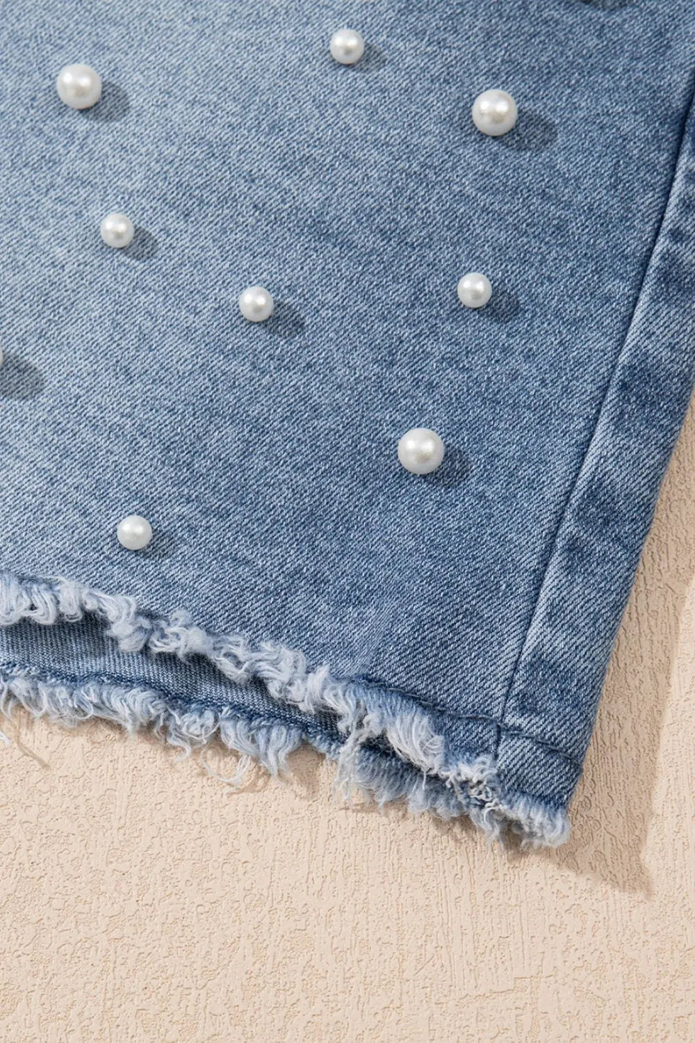 Pearl Beaded Raw Hem Wash Denim Shorts - Tigbul's Variety Fashion Shop
