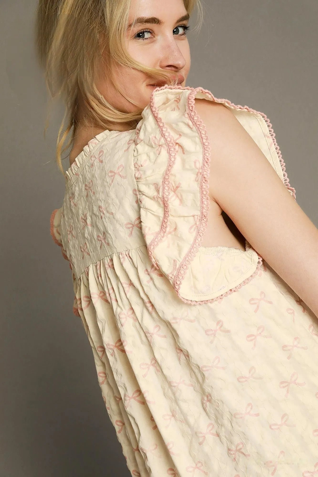 Umgee Bow Print Ruffled Cap Sleeve Mini Dress - Tigbul's Variety Fashion Shop