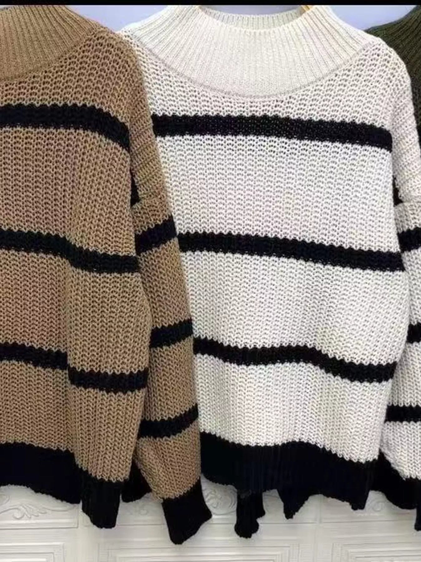 Full Size Striped Mock Neck Knit Sweater Plus Size - Tigbul's Variety Fashion Shop