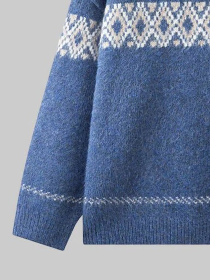 Full Size Vintage Patterned Round Neck Sweater Plus Size - Tigbul's Variety Fashion Shop