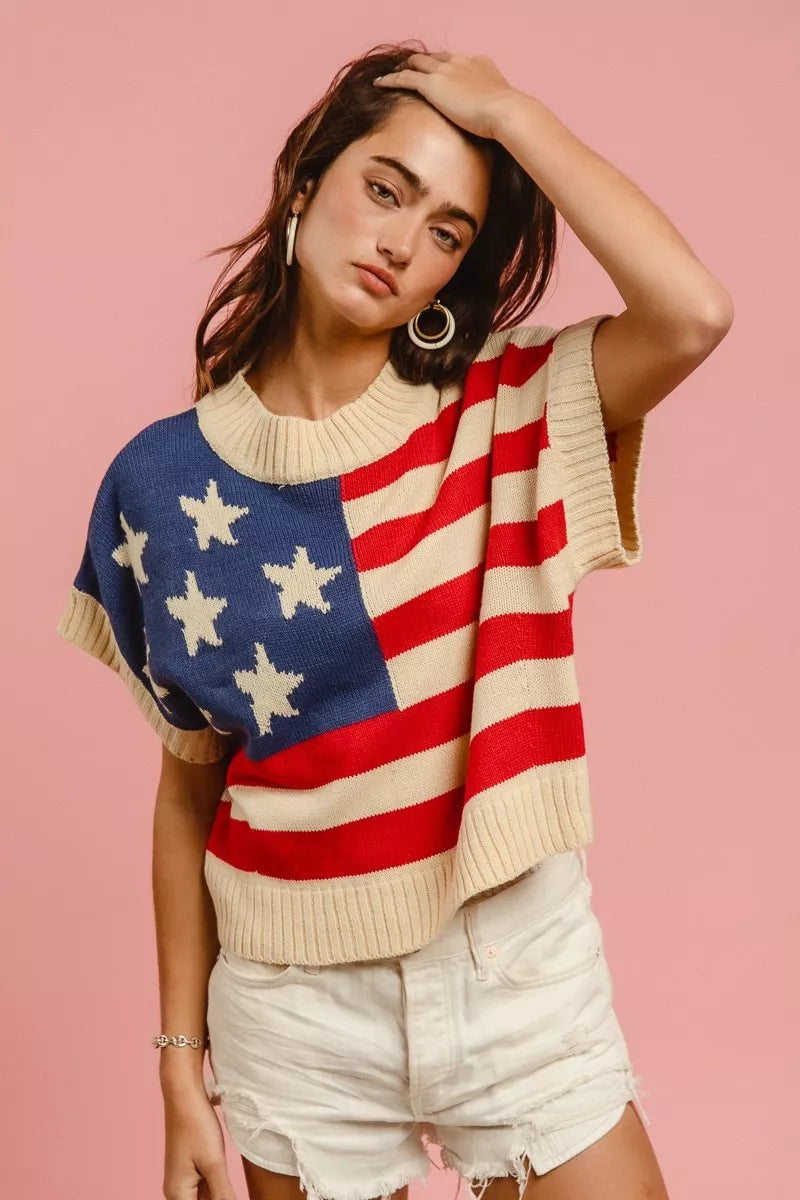 BiBi Star Patches American Flag Sleeveless Sweater - Tigbul's Variety Fashion Shop