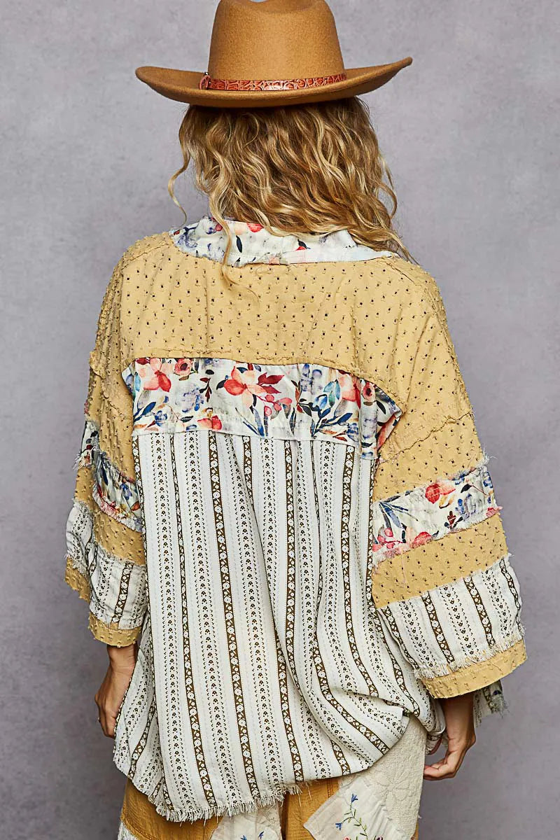 POL Raw Edge Open Front Patchwork Cardigan with Floral Trim - Tigbul's Variety Fashion Shop