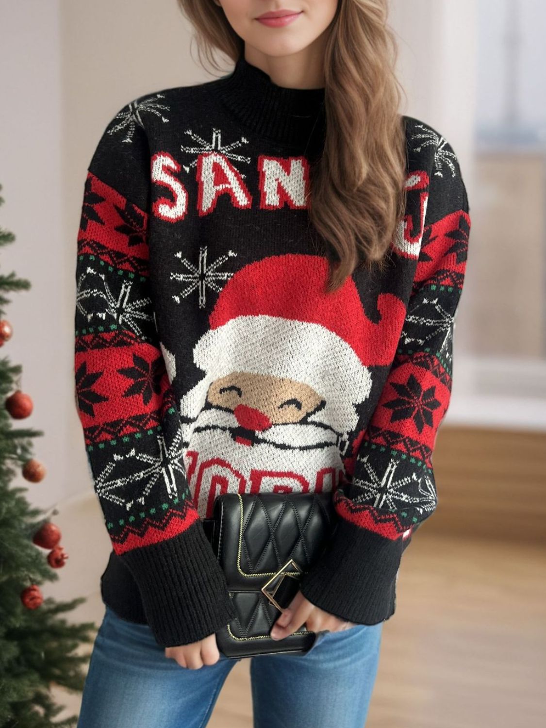 Santa Mock Neck Long Sleeve Sweater - Tigbul's Variety Fashion Shop