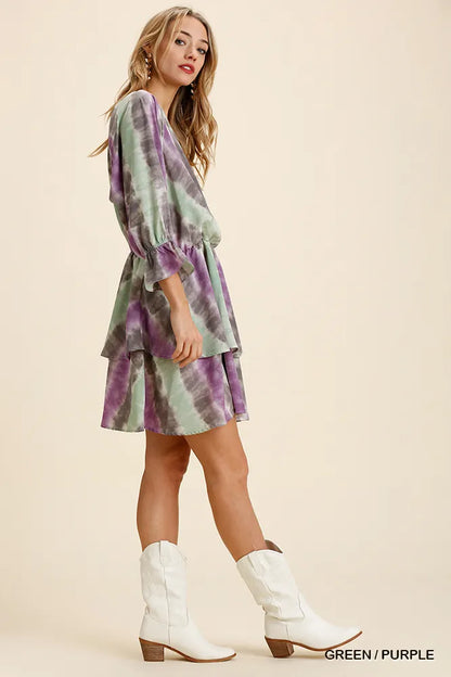 Umgee Tie Dye Ruffled Layered Dress with Elastic Waistband - Tigbul's Variety Fashion Shop