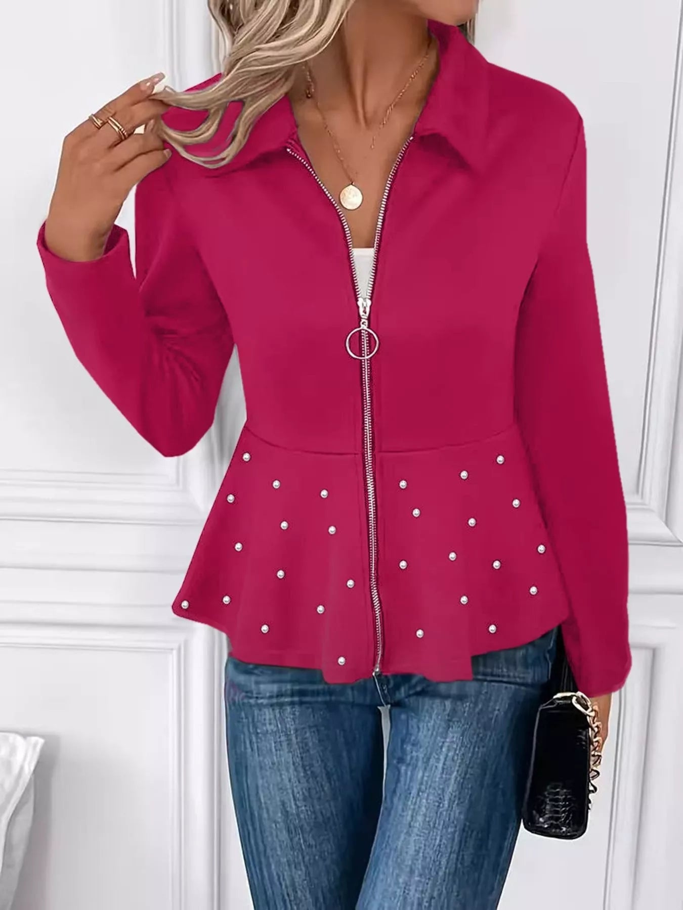 Pearl Embellished Zip-Up Peplum Outerwear - Tigbul's Variety Fashion Shop