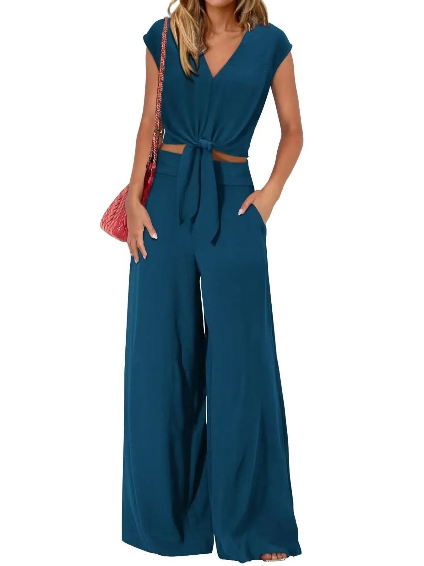 Tie Front Top and Wide Leg Pants Set - Tigbul's Variety Fashion Shop