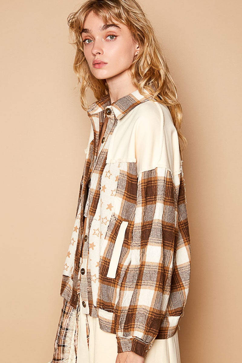 POL Plaid & Star Patchwork Contrast Long Sleeve Shacket - Tigbul's Variety Fashion Shop